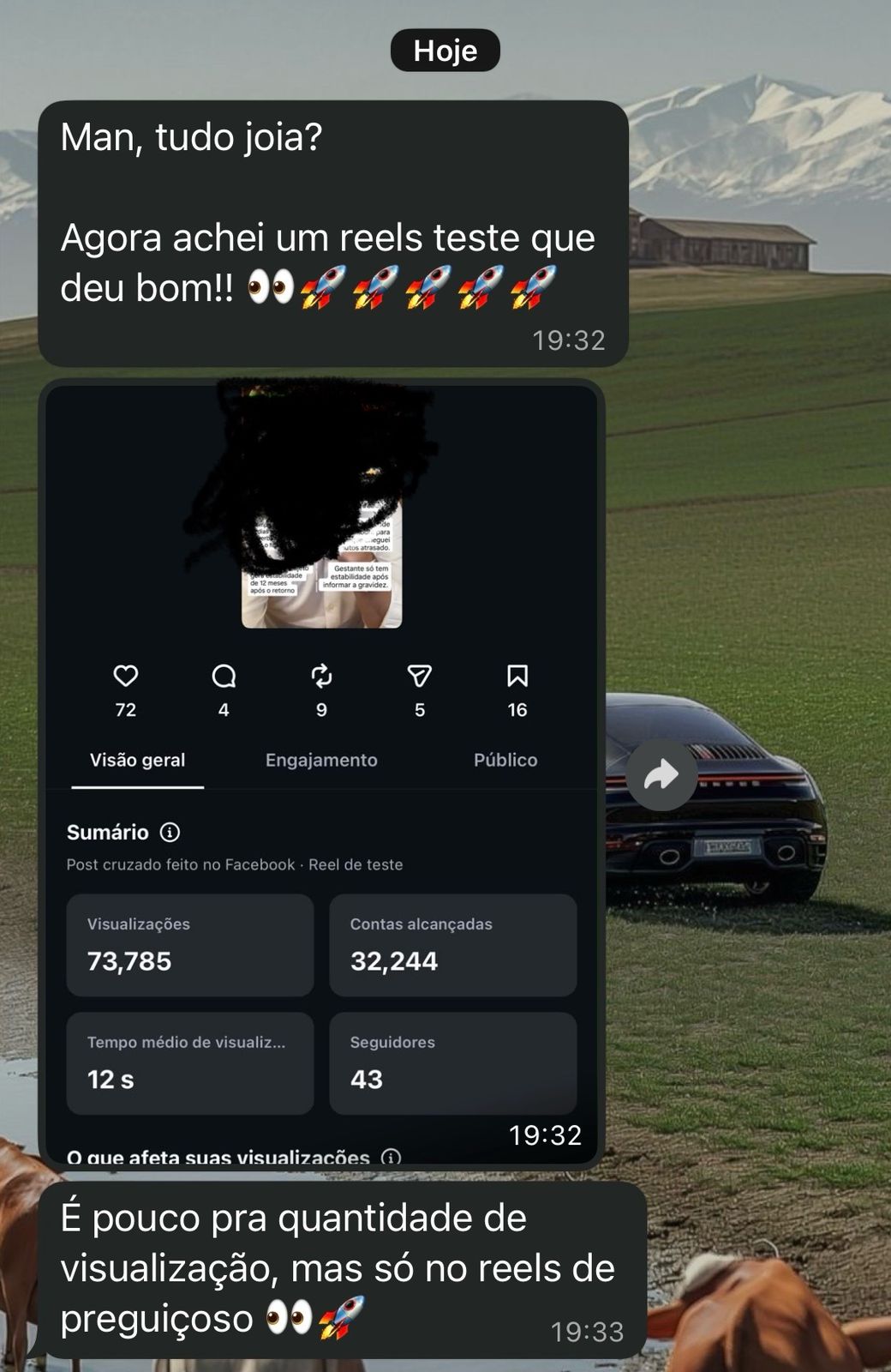 Resultado de reels no Instagram - 73.785 visualizações e 43 novos seguidores